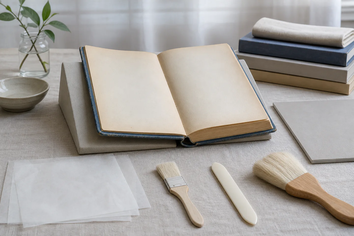 Worn modern clothbound book beside Japanese tissue, wheat-paste brush, bone folder and archival support board on a clean repair bench