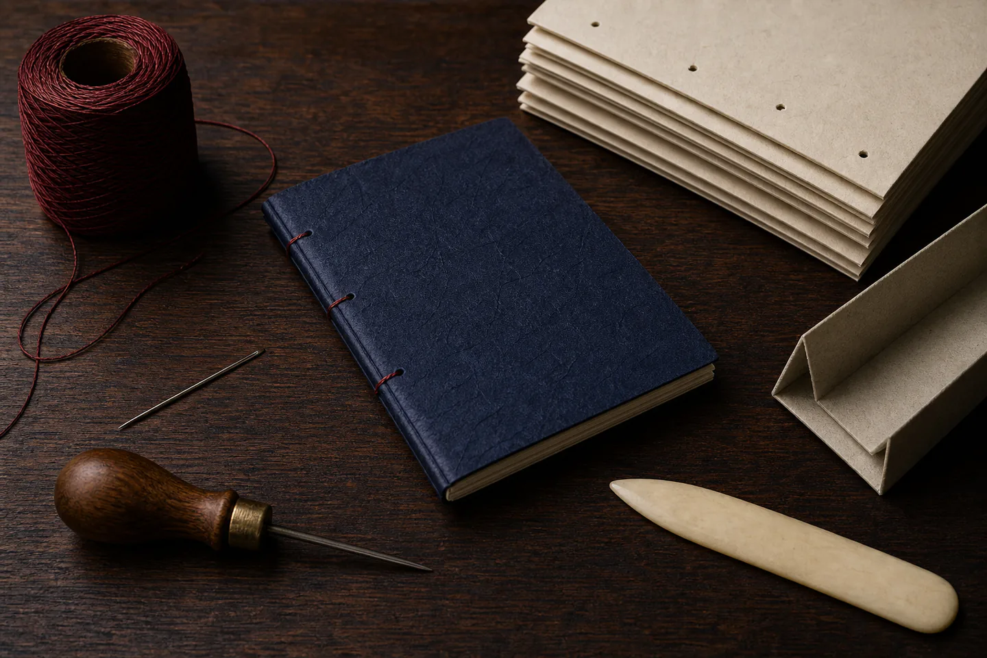 A small hand-bound pamphlet notebook beside folded paper, waxed thread, a bookbinding needle, awl and bone folder
