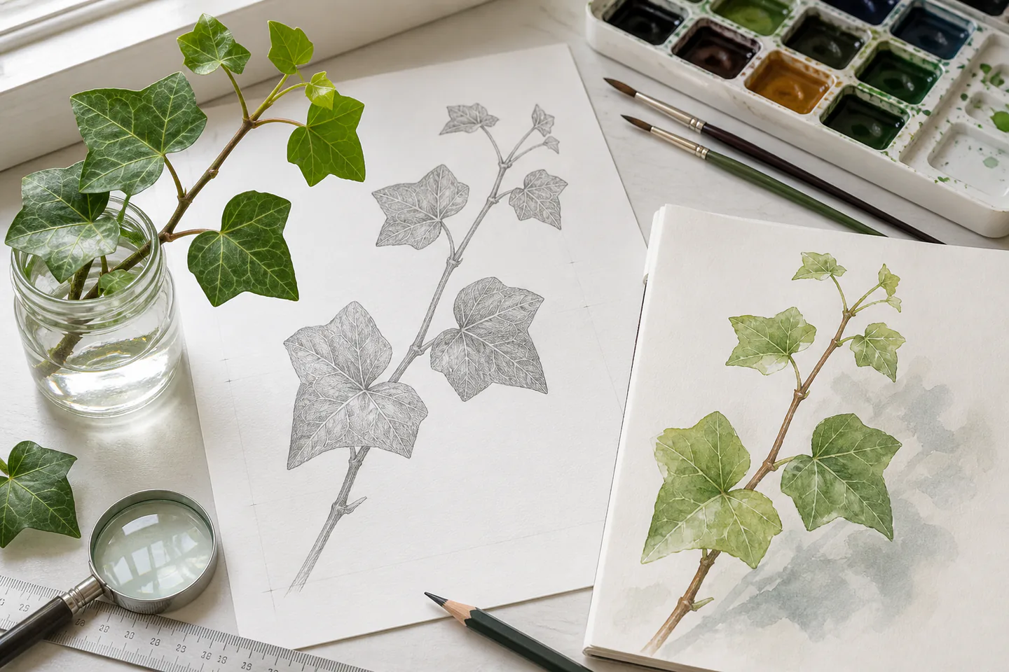Fresh ivy sprig in a small water jar beside measured graphite leaf study, watercolour palette, brushes and magnifier on a bright desk