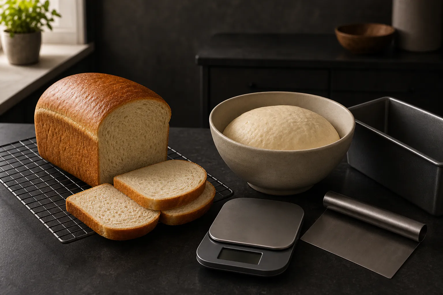 Freshly sliced golden sandwich loaf beside a mixing bowl, digital scale and dough scraper on a dark kitchen worktop with no text