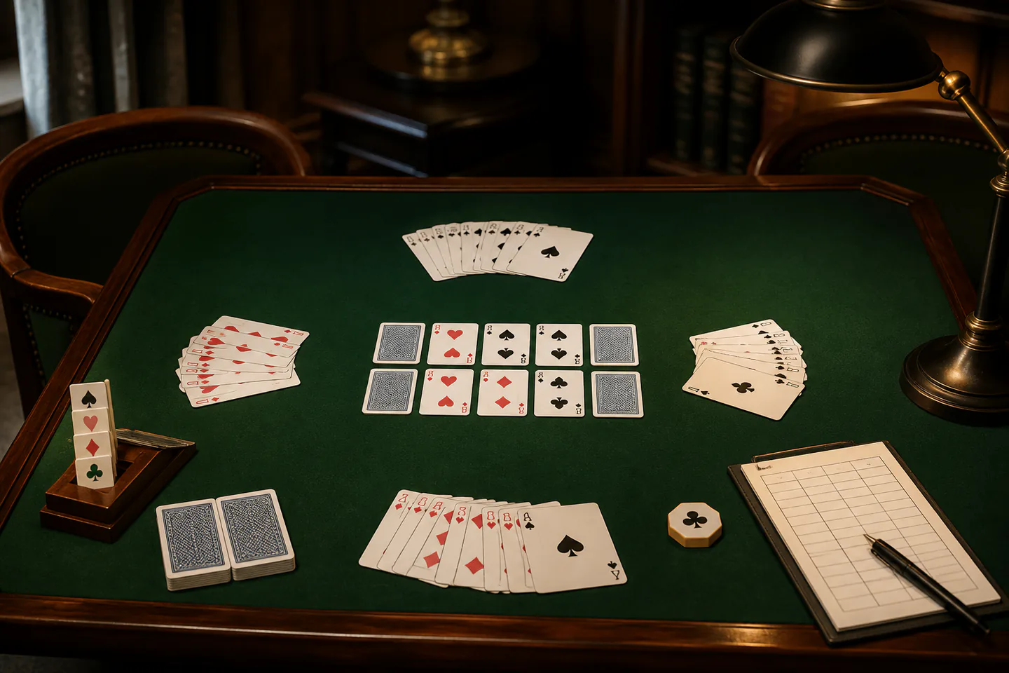 Four sets of bridge cards arranged around green table with bidding box cards, score pad and contract marker but no players