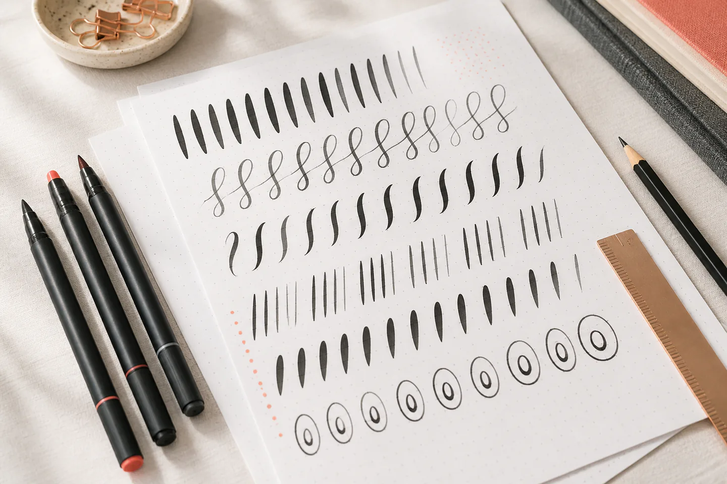 Black brush pens beside smooth dot-grid practice sheets showing abstract stroke drills with no readable words