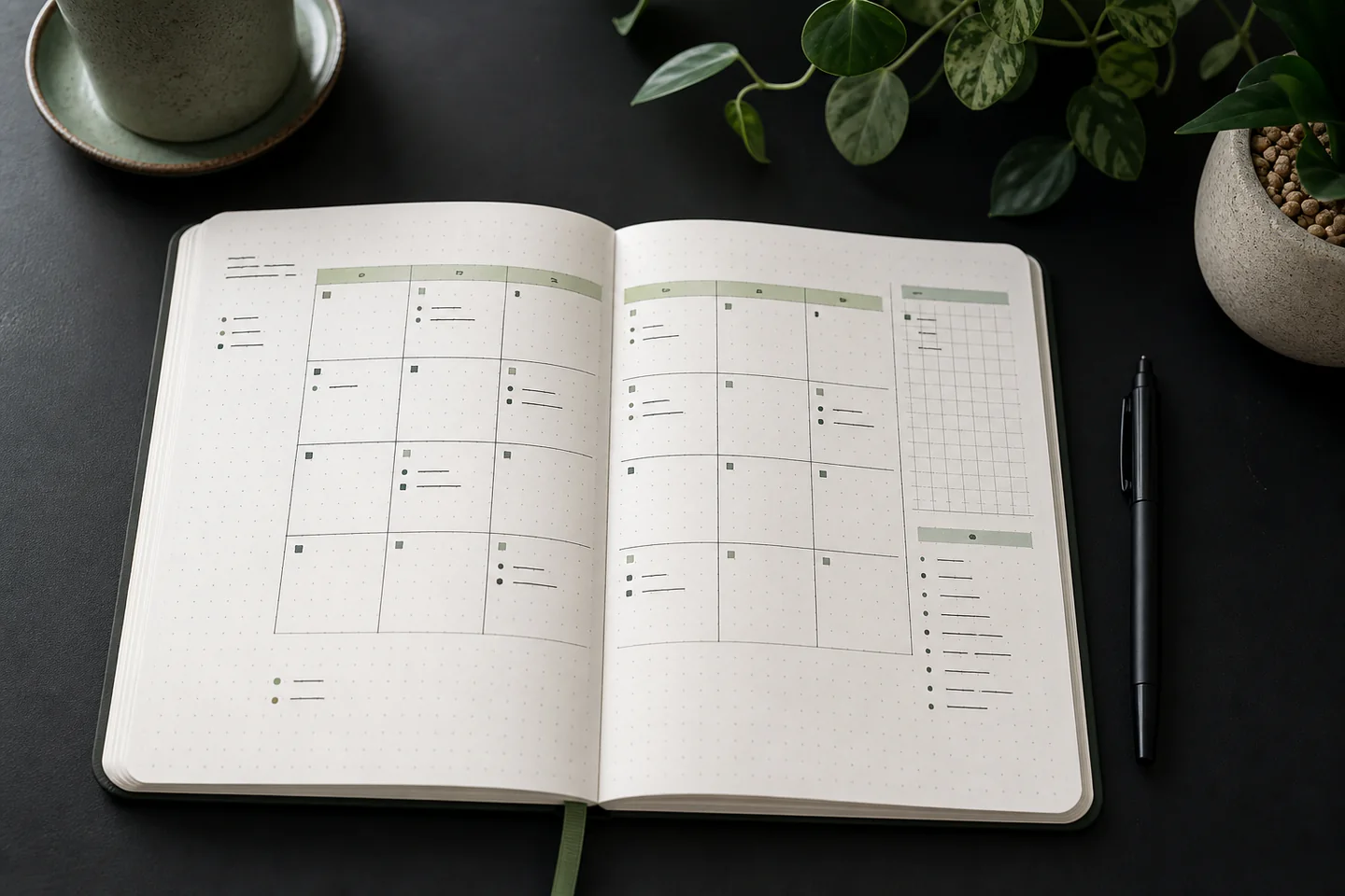 A simple dotted notebook page with an index, concise task bullets and a monthly log beside one black pen