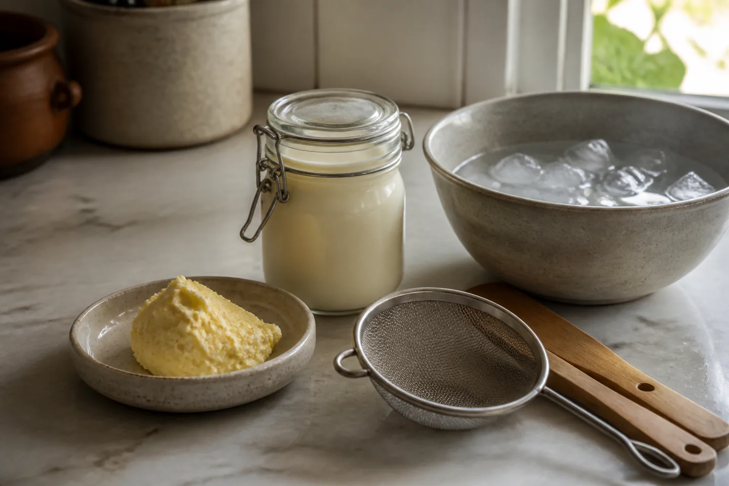 Freshly washed butter pat beside a glass jar of cream, small bowl of buttermilk and wooden butter paddles