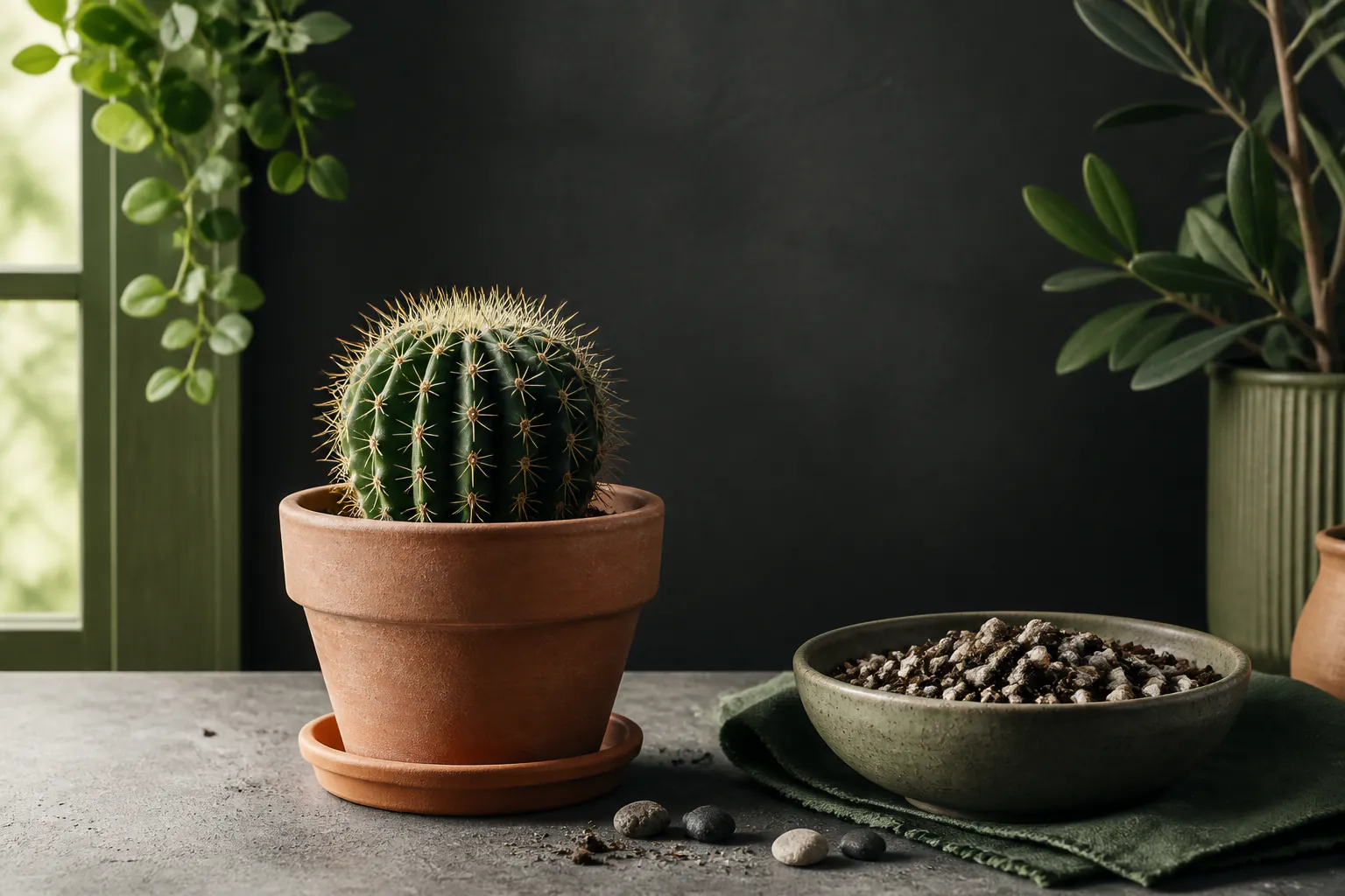 Healthy small cactus in an unglazed terracotta pot beside gritty compost and a bright window with no labels or text