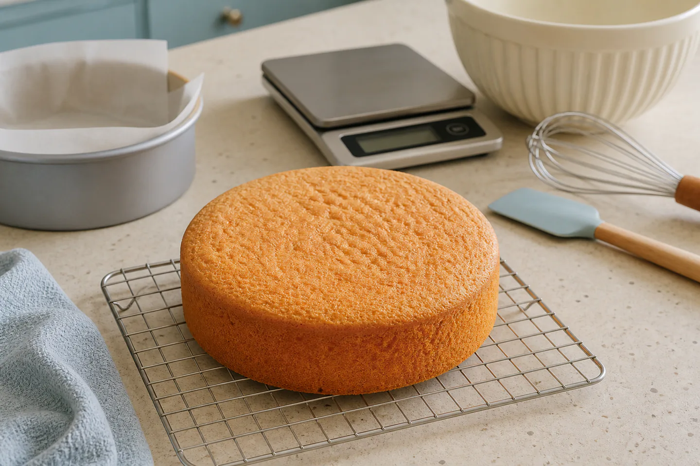 Plain golden sponge cake cooling on a wire rack beside lined cake tin, digital scale, mixing bowl and silicone spatula