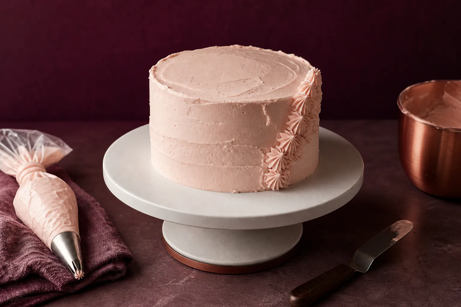 Hands smoothing pale buttercream on a small layer cake on a turntable beside a piping bag and three metal nozzles