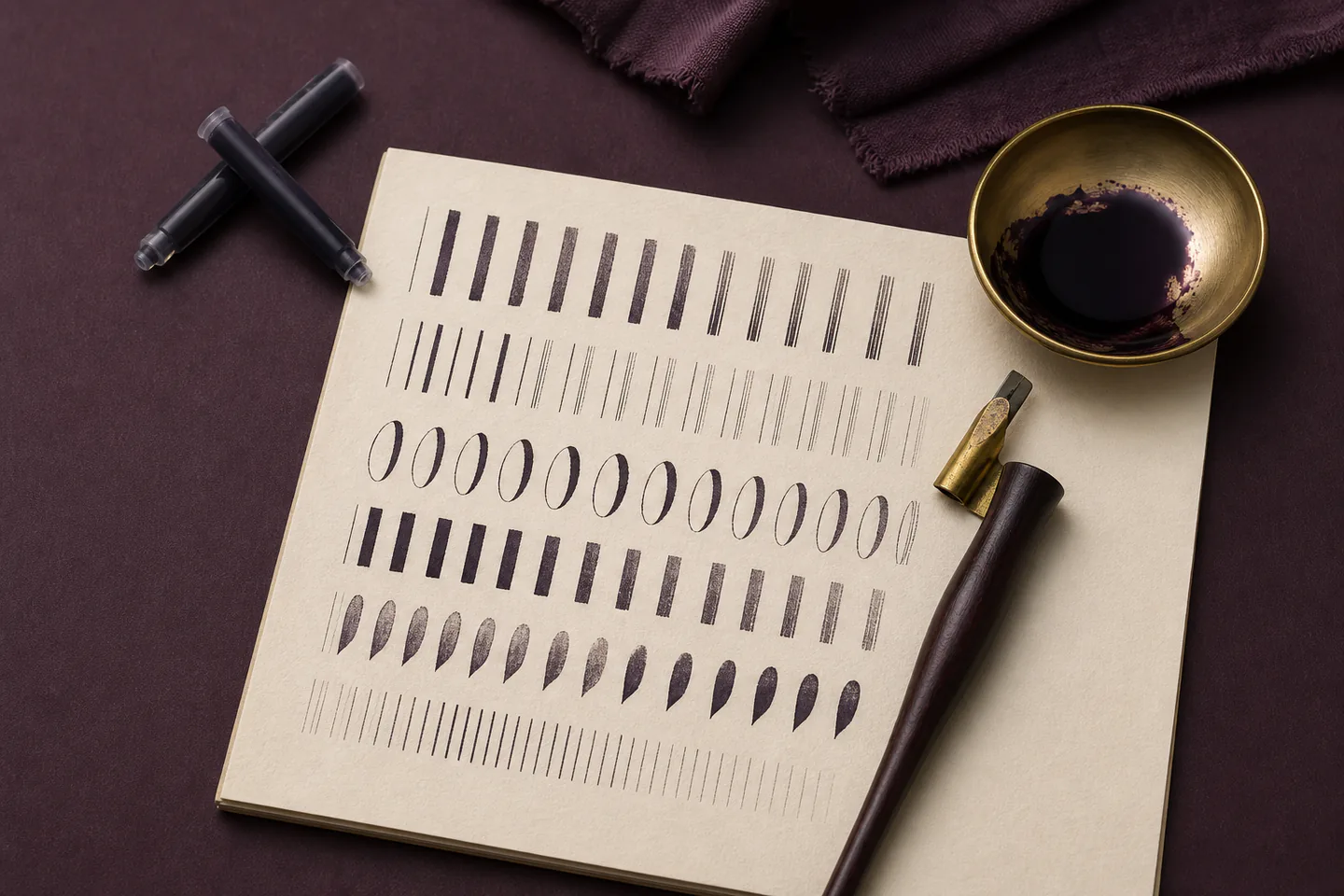 A broad-edge calligraphy pen, black ink cartridges and ruled practice sheets with repeated basic strokes but no readable finished quotation