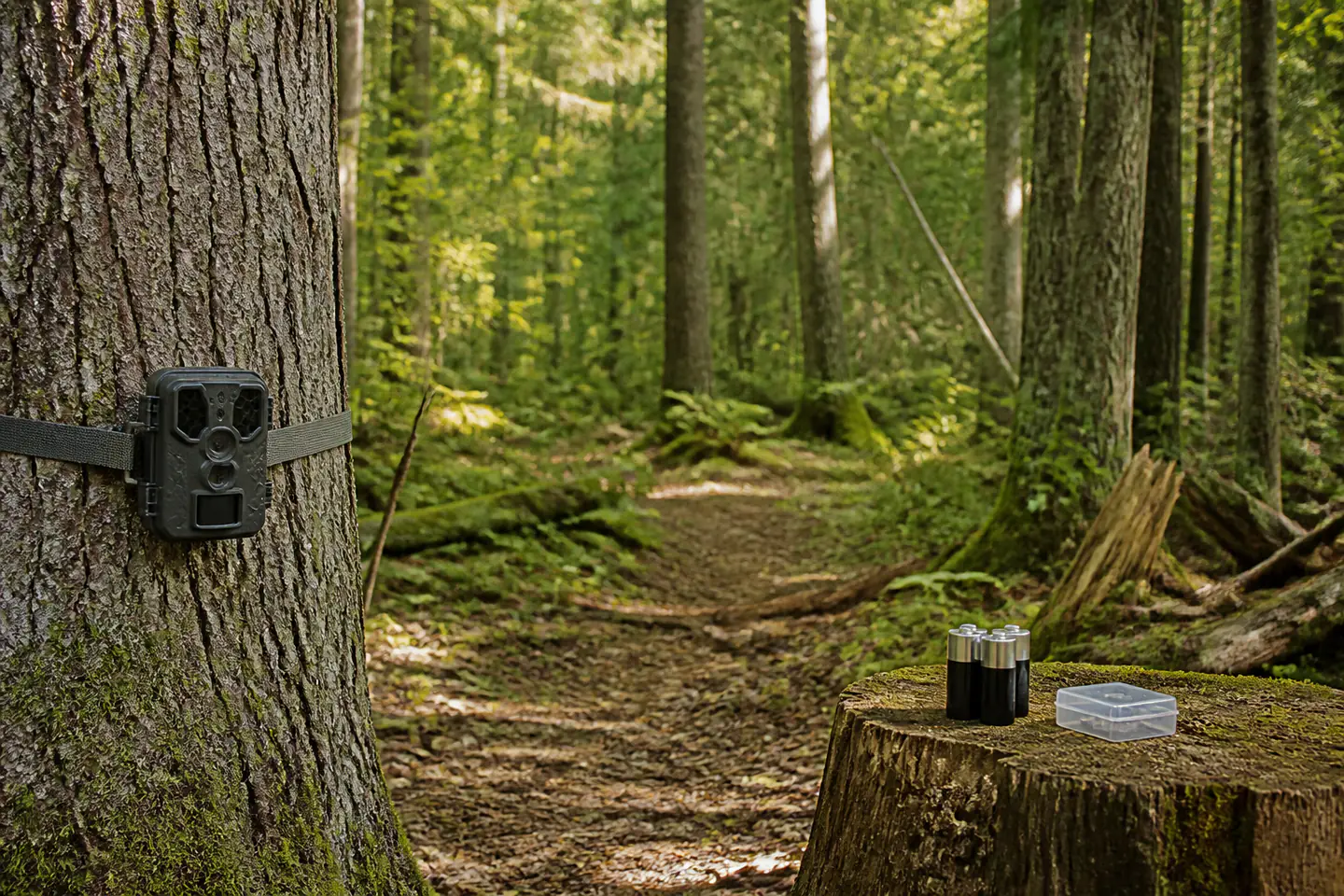Trail camera strapped low to a tree beside spare batteries and memory card in a quiet woodland edge