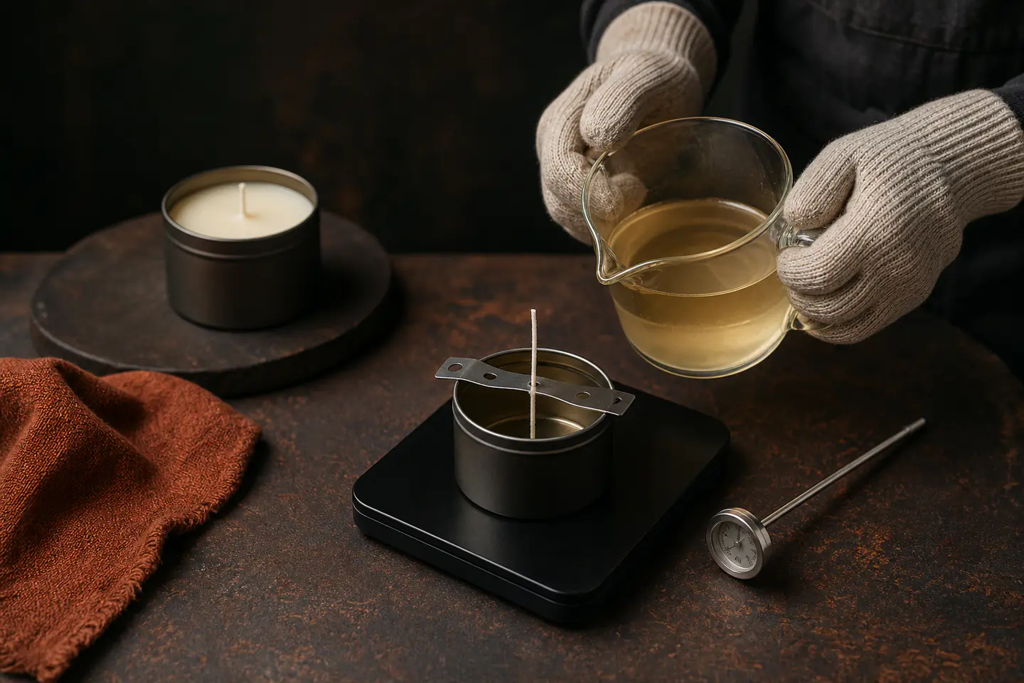Hands centring a wick in a cylindrical candle mould beside wax pellets and a finished pillar candle