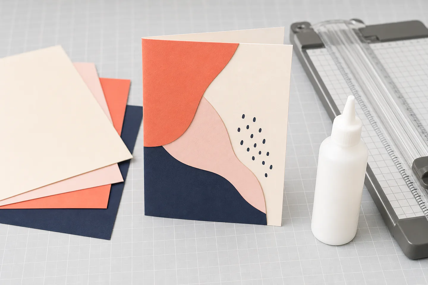 A handmade layered greeting card beside white card blanks, patterned paper, a paper trimmer and a small glue bottle