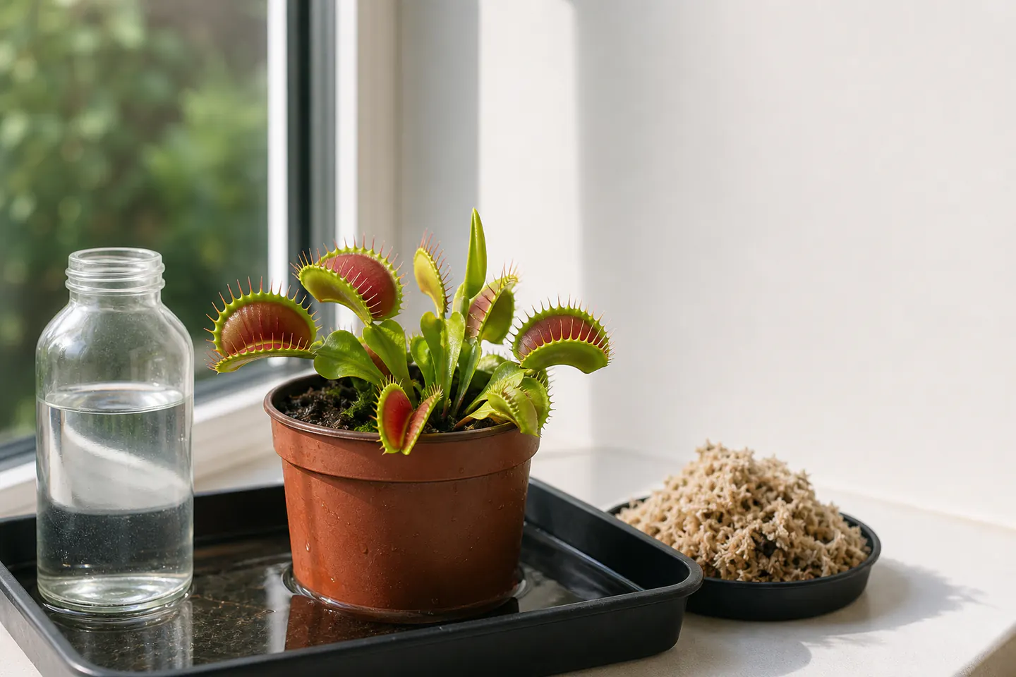 A healthy Venus flytrap in a water tray on a bright windowsill beside clear rainwater and pale growing medium