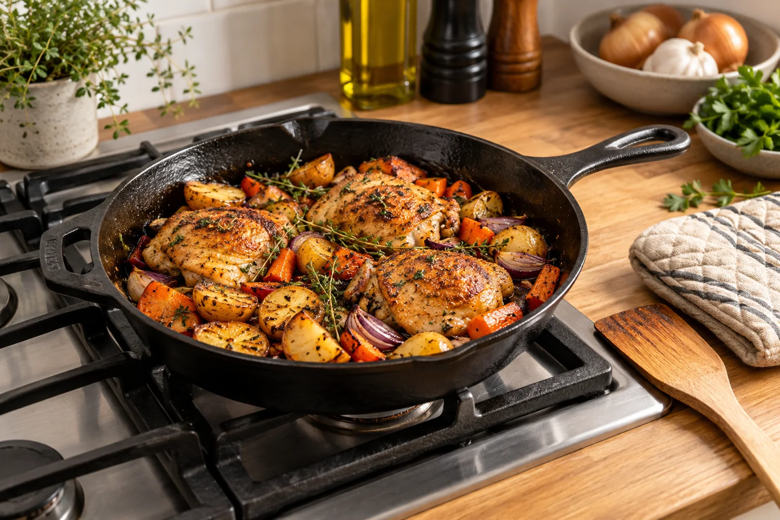 Cast-iron skillet holding a cooked chicken and vegetable supper on a domestic hob