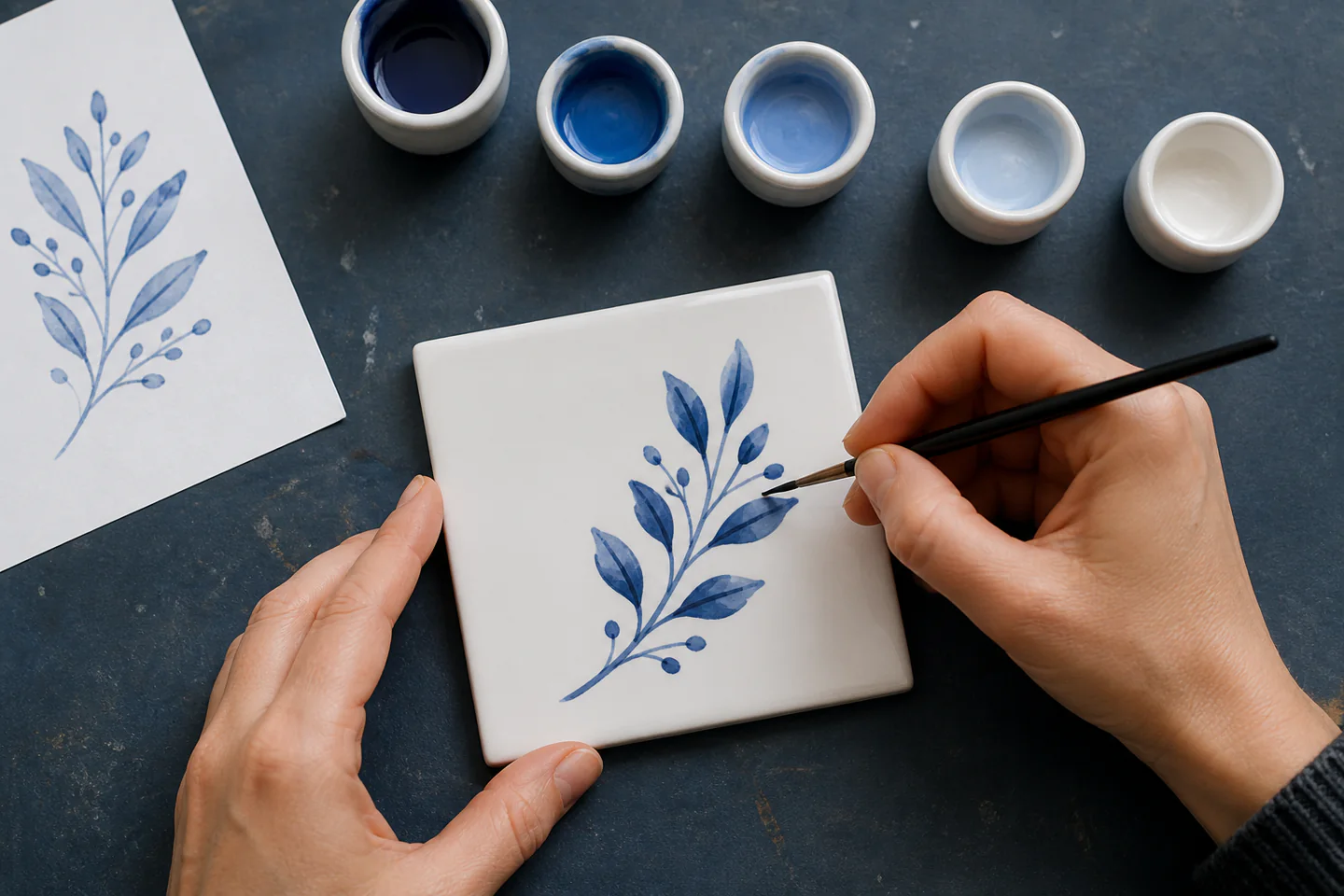 Hands painting a simple blue botanical motif on a plain white ceramic tile with fine brushes and small porcelain paint pots