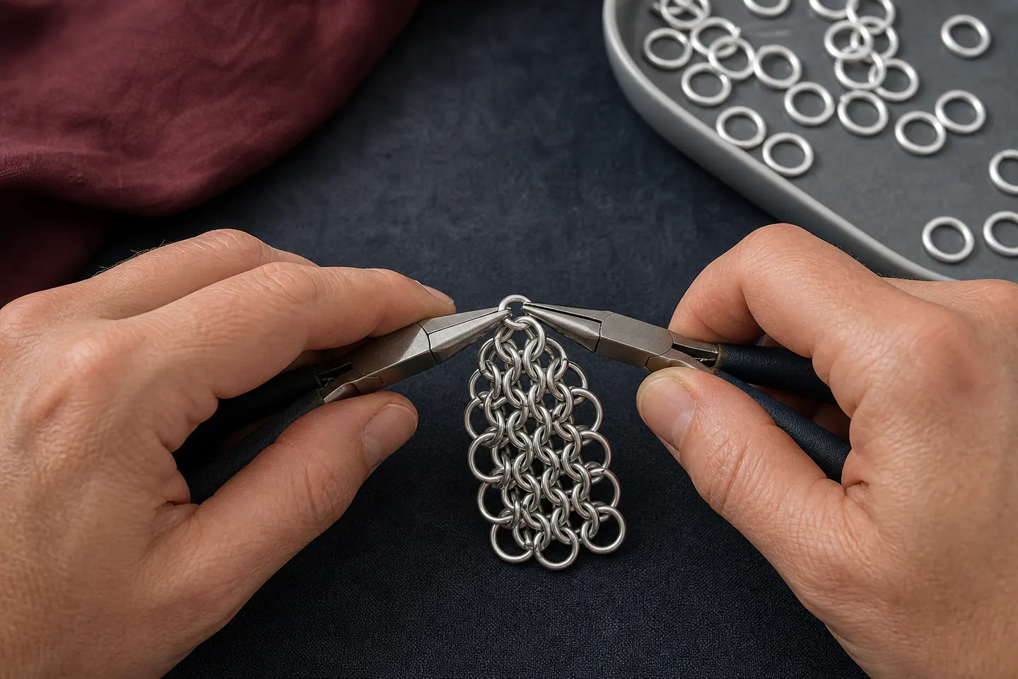 Hands using two pliers to close aluminium jump rings into a small European four-in-one chainmail swatch
