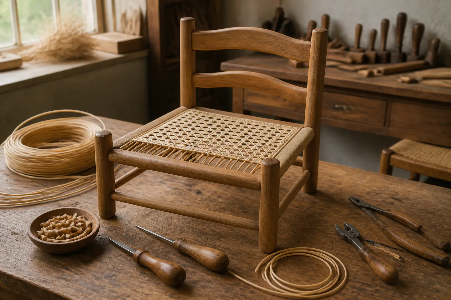 Small wooden chair frame with partly woven natural cane seat beside coiled cane, pegs, awl and trimming tools
