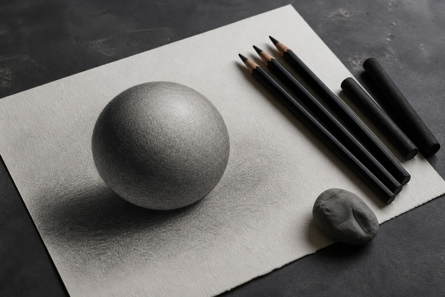 Charcoal pencils and compressed sticks beside a monochrome sphere study on white drawing paper over a dark grey table with no people, logos or text