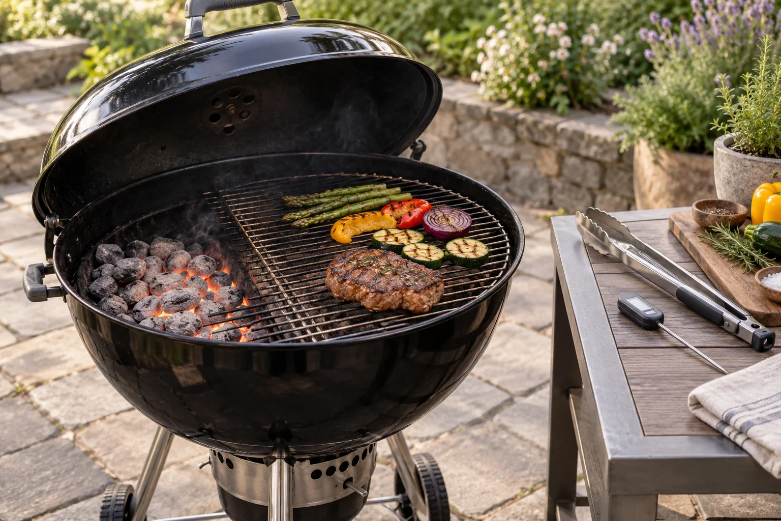 A lidded charcoal grill with coals banked to one side, vegetables and a small piece of food on the grate