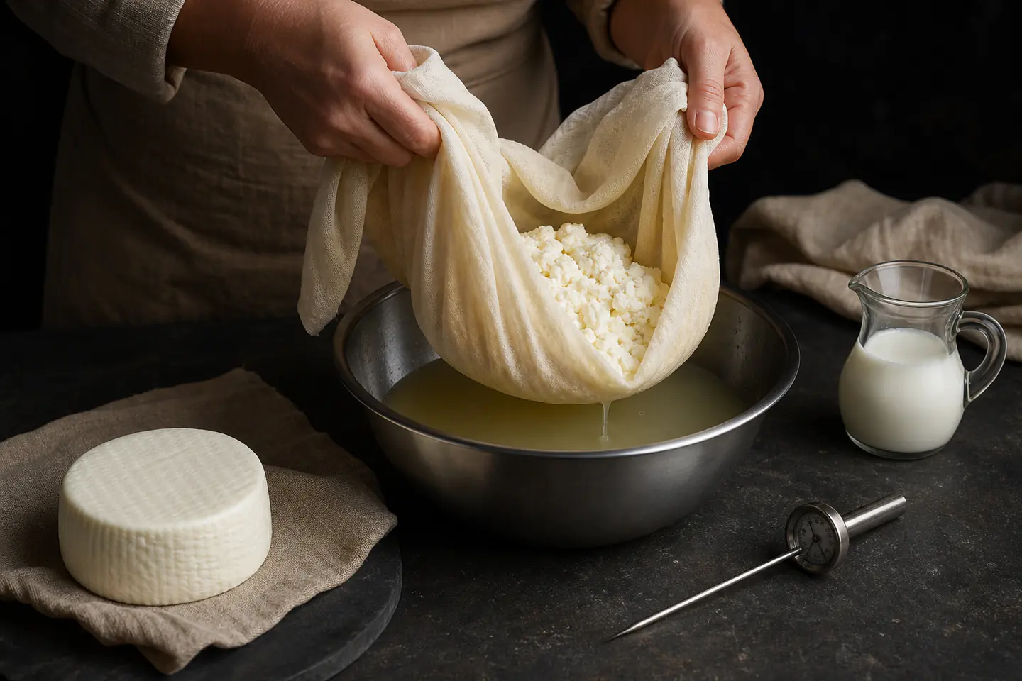 Fresh white cheese curds draining in butter muslin over a stainless bowl beside a probe thermometer and a small finished paneer round