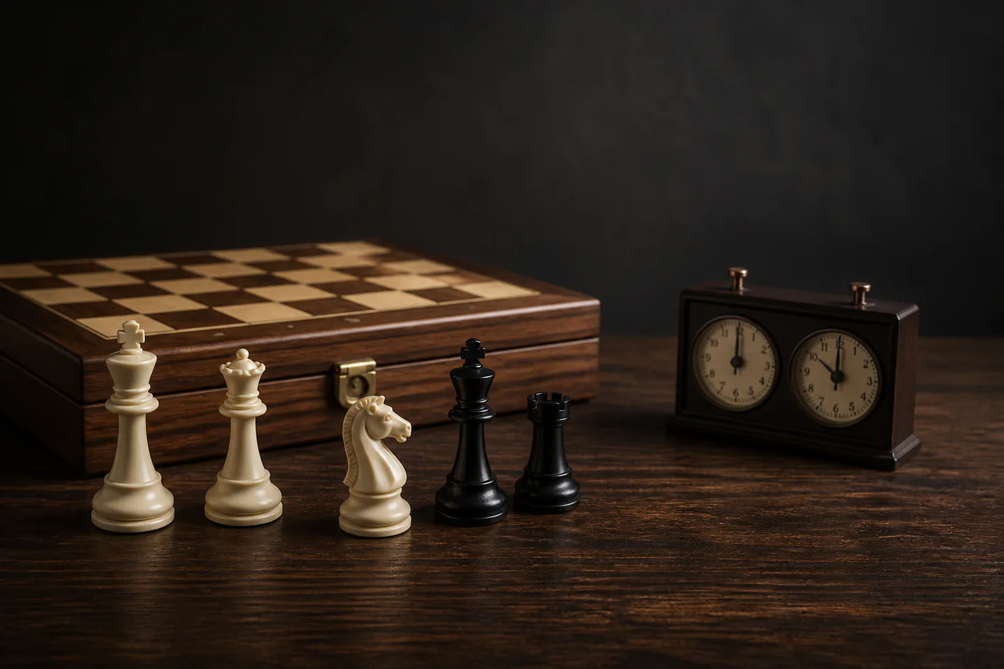 Five distinct wooden Staunton chess pieces beside a closed chessboard case and analogue chess clock on a dark table