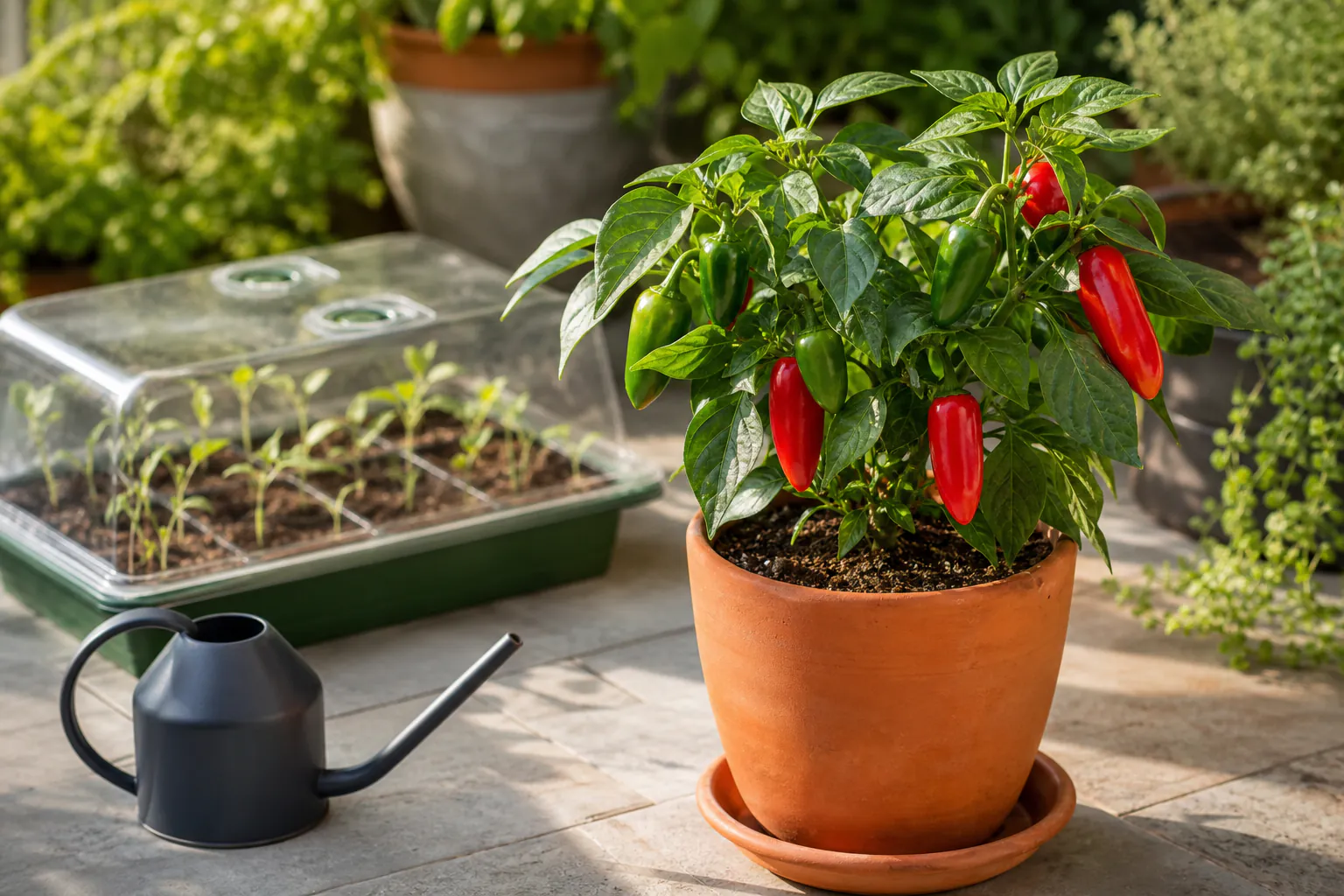 Compact chilli plant with green and red Jalapeño fruit beside a seed tray and small heated propagator