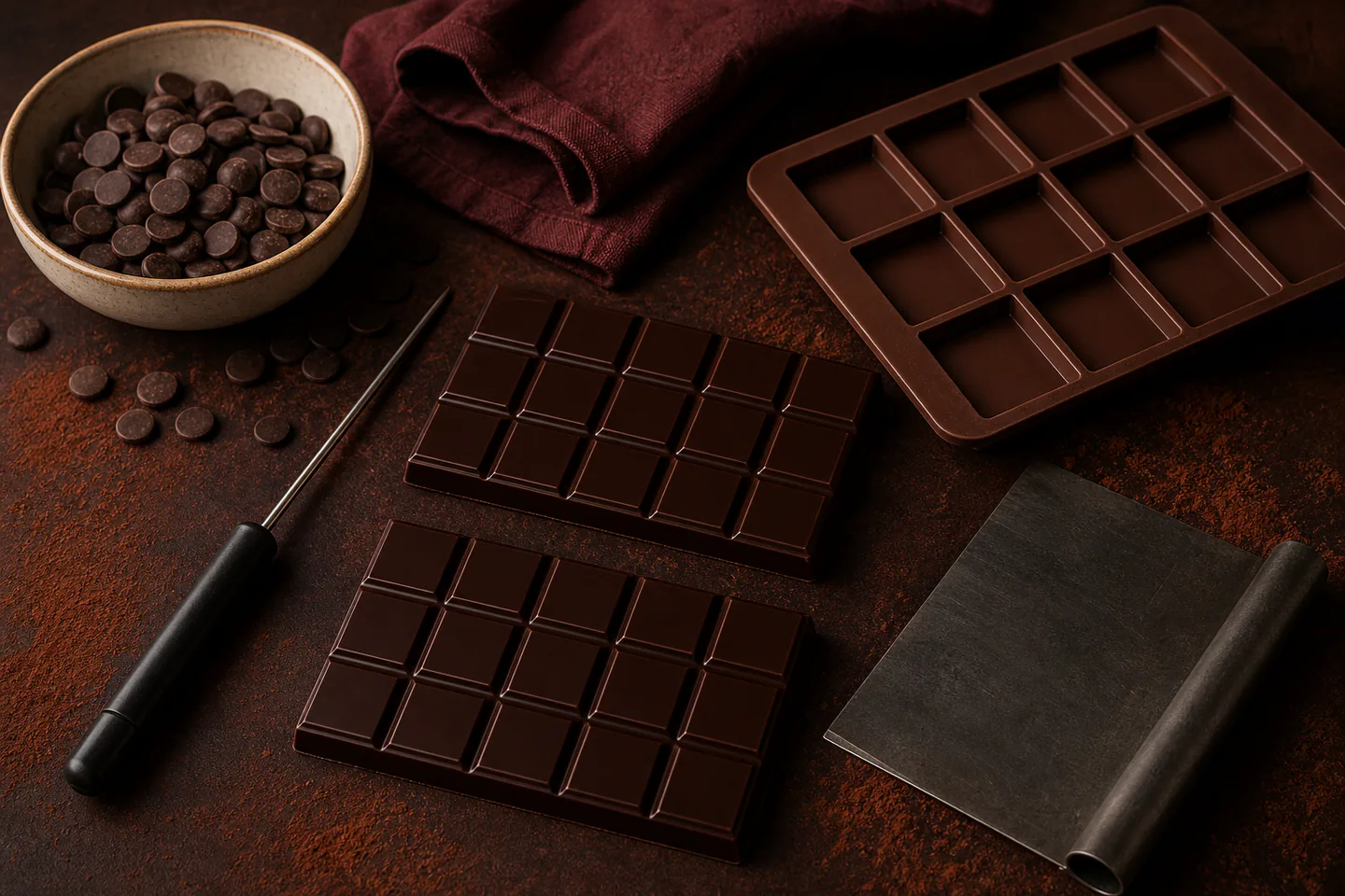 Dark chocolate callets, a digital thermometer and freshly unmoulded chocolate bars on a clean kitchen worktop