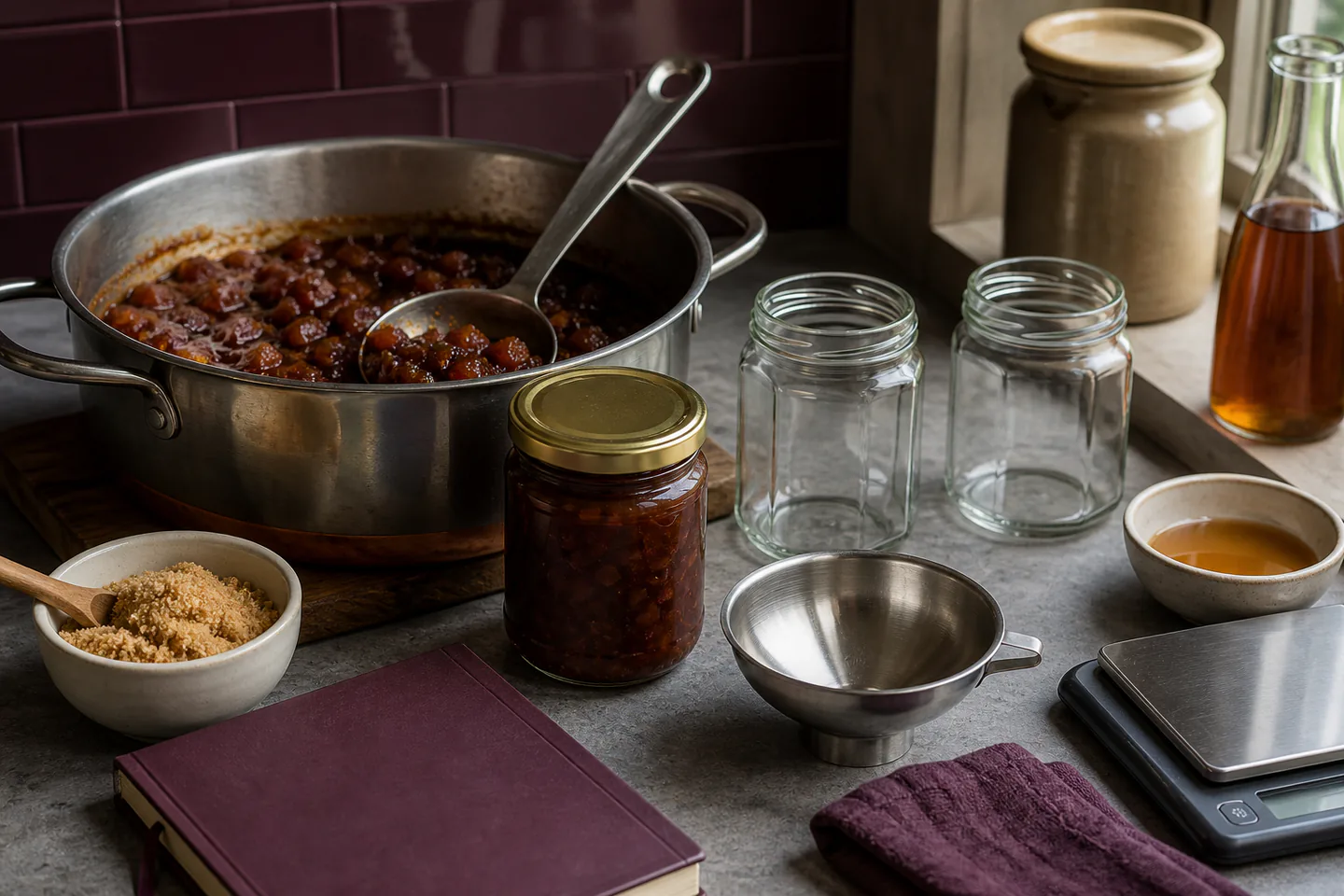 Preserving pan of thick amber chutney beside clean jars, ladle, jam funnel, scale, vinegar and sugar containers
