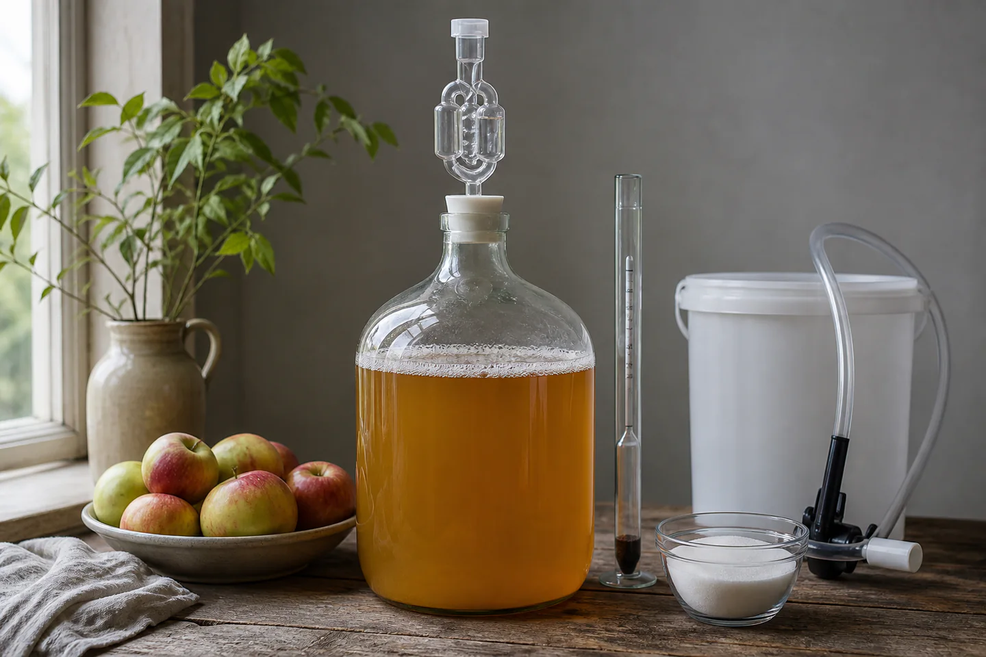 One-gallon demijohn of pale cider under an airlock beside apples, siphon, hydrometer and capped bottles