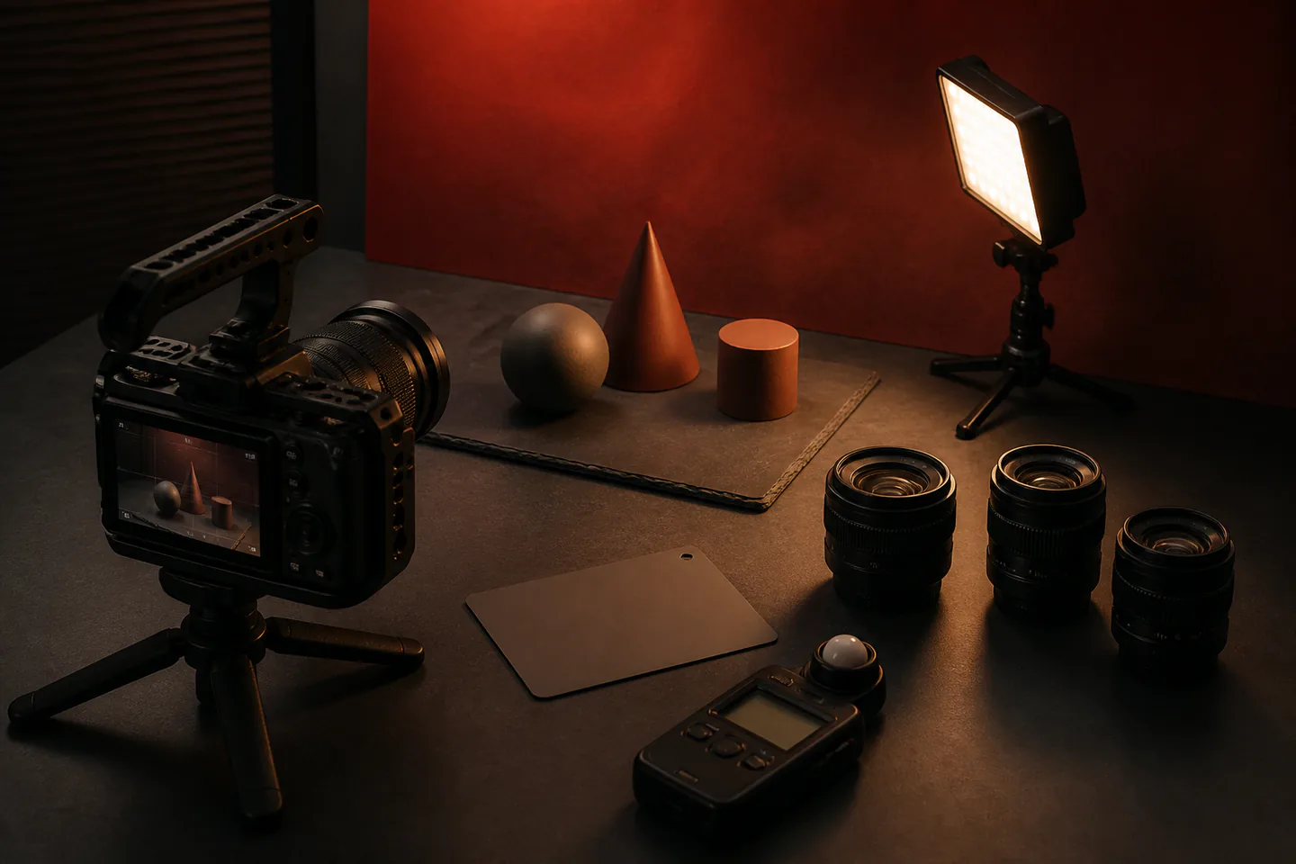 Compact mirrorless camera in a cage beside three lenses, grey card, light meter and LED panel illuminating an empty miniature set