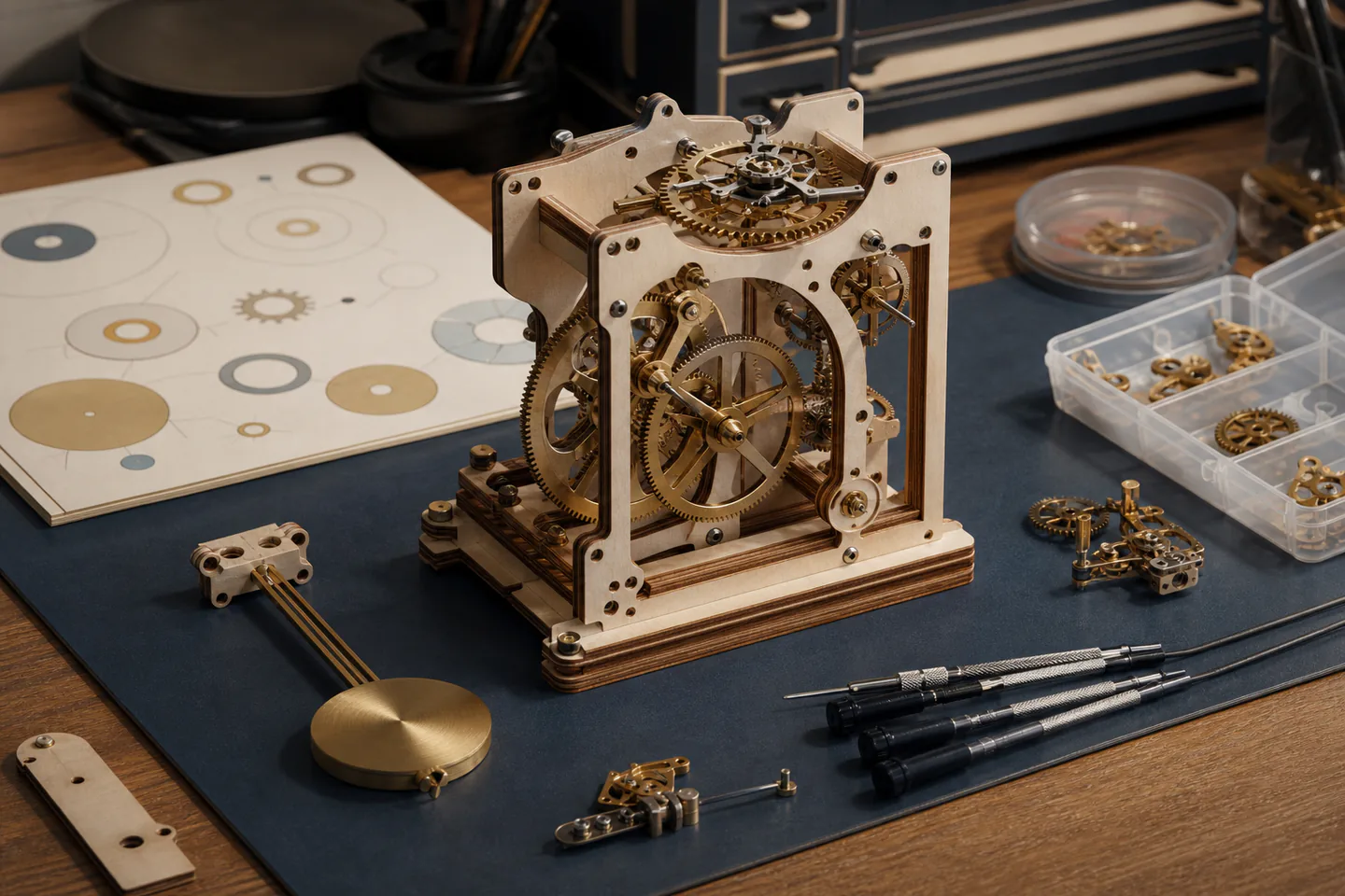 Part-assembled wooden mechanical clock kit with visible gears, pendulum parts, small screwdrivers and a printed parts diagram