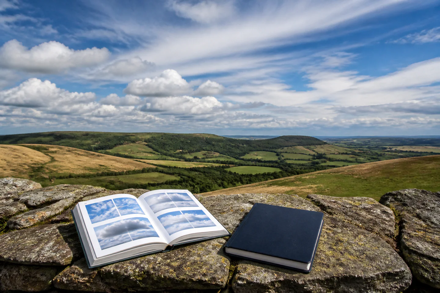 Cloud layers above an open landscape beside a pocket guide and blank notebook