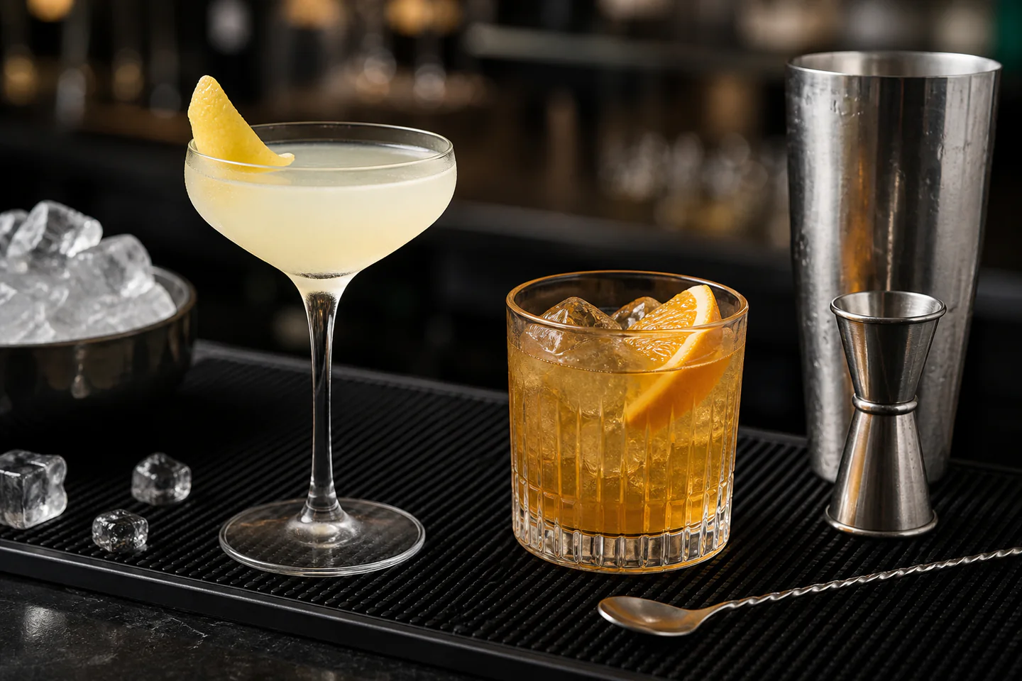 A chilled coupe holding a pale citrus cocktail beside a metal shaker, jigger, ice and an alcohol-free citrus drink on a tidy bar mat, no people, bottles, logos or text