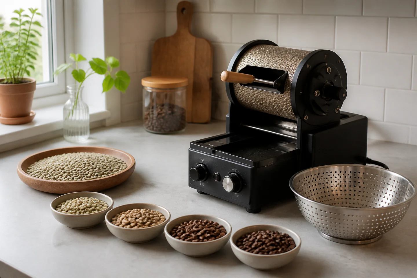 Small batch of roasted coffee beans cooling in a metal colander beside green beans, scale and manual grinder
