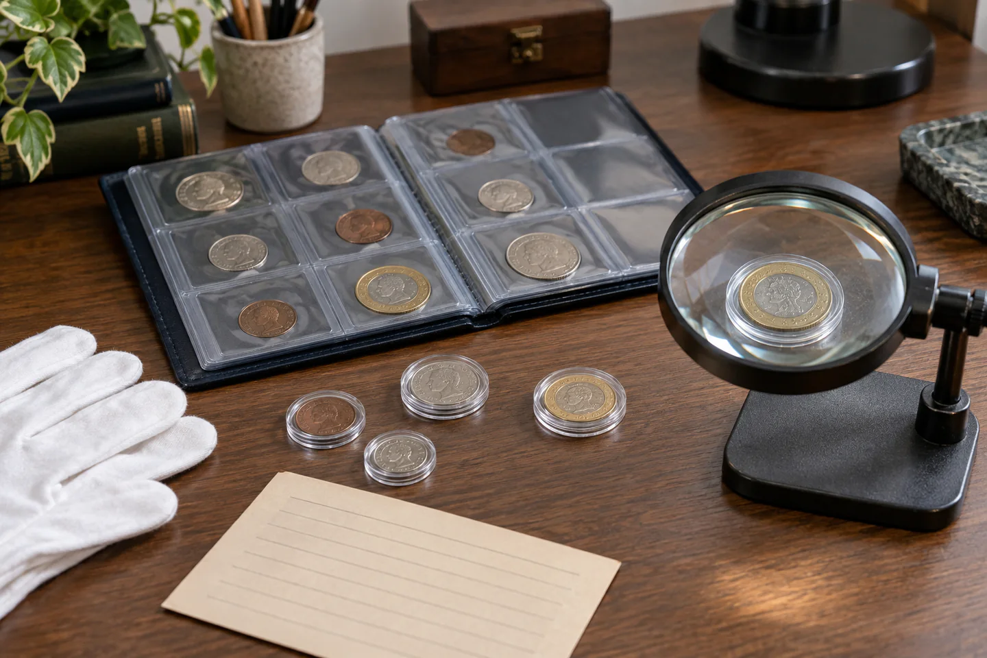A carefully arranged beginner coin collecting workspace showing the core materials, tools and one small finished example