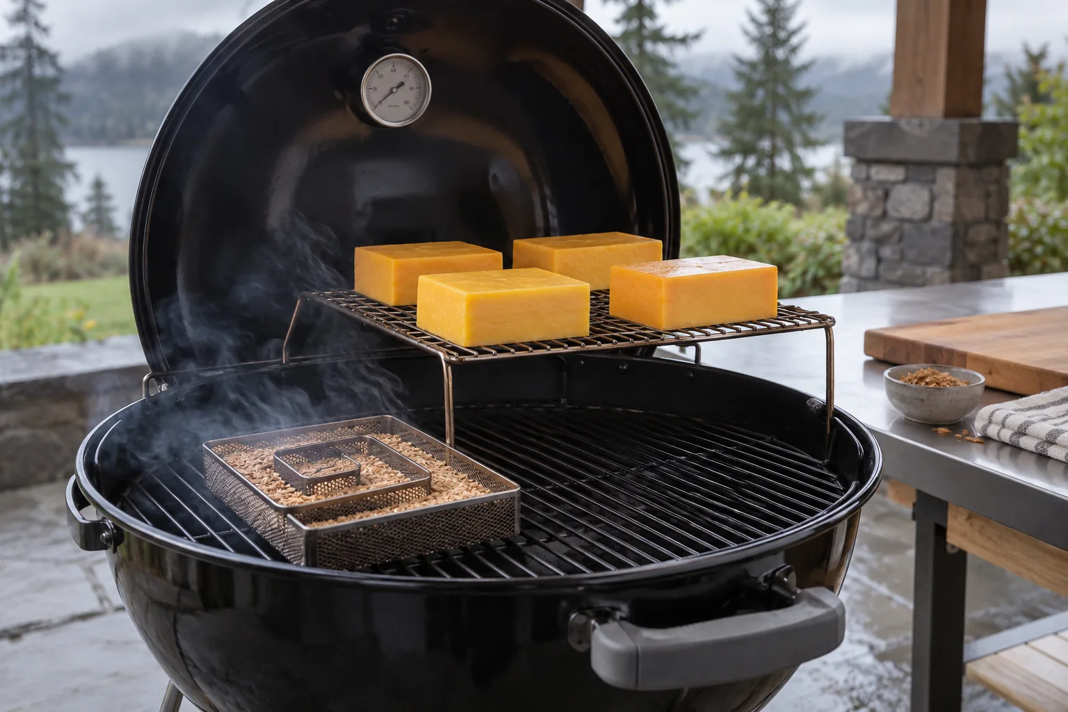 Blocks of firm cheddar on a clean raised rack inside an outdoor cold-smoke chamber, with a small smoke generator below