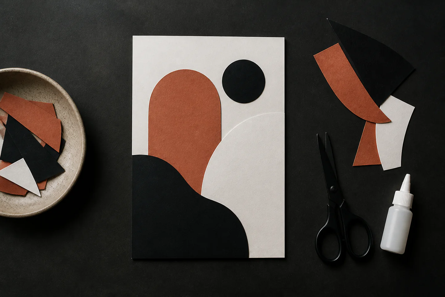A finished abstract paper collage beside neatly sorted coloured paper shapes, scissors and glue on a dark craft table, no people, text or logos