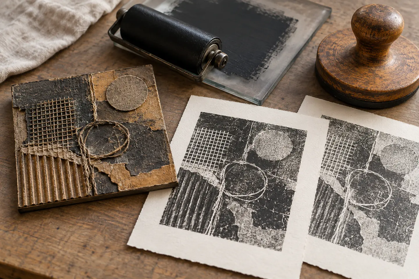 A small textured collage printing plate beside a brayer, acrylic sheet, baren and two monochrome test prints
