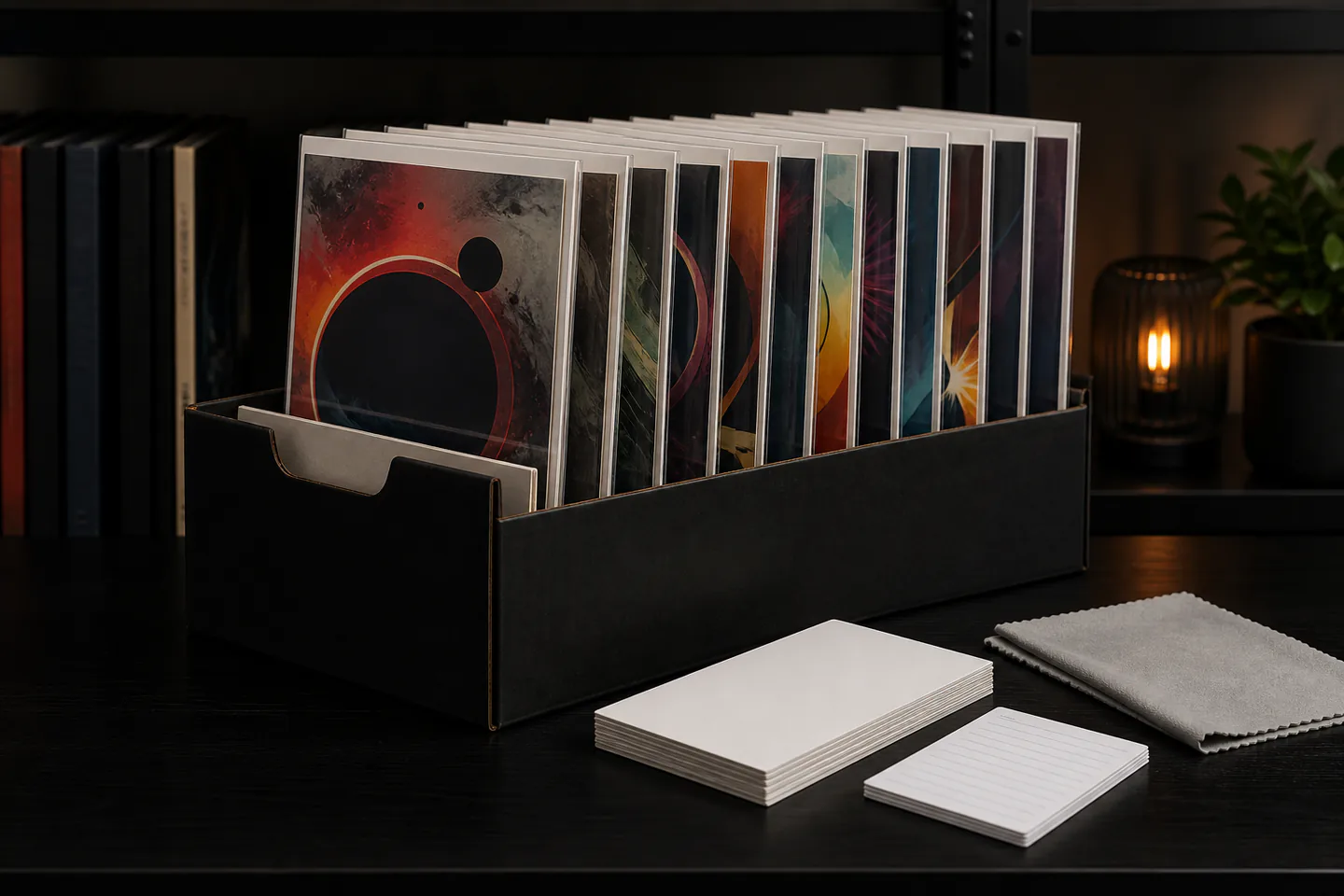 Small organised row of bagged and boarded comic books in an archival-style short box beside pencil inventory cards on a dark shelf with no visible titles, text, logos or people