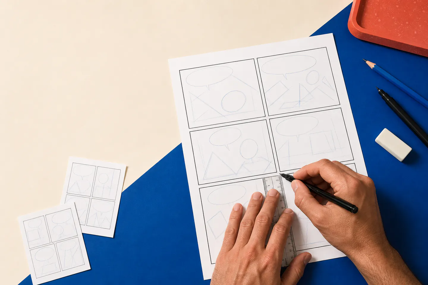 A six-panel comic page with blank speech balloons, pencils, fineliner, ruler and natural hands drawing