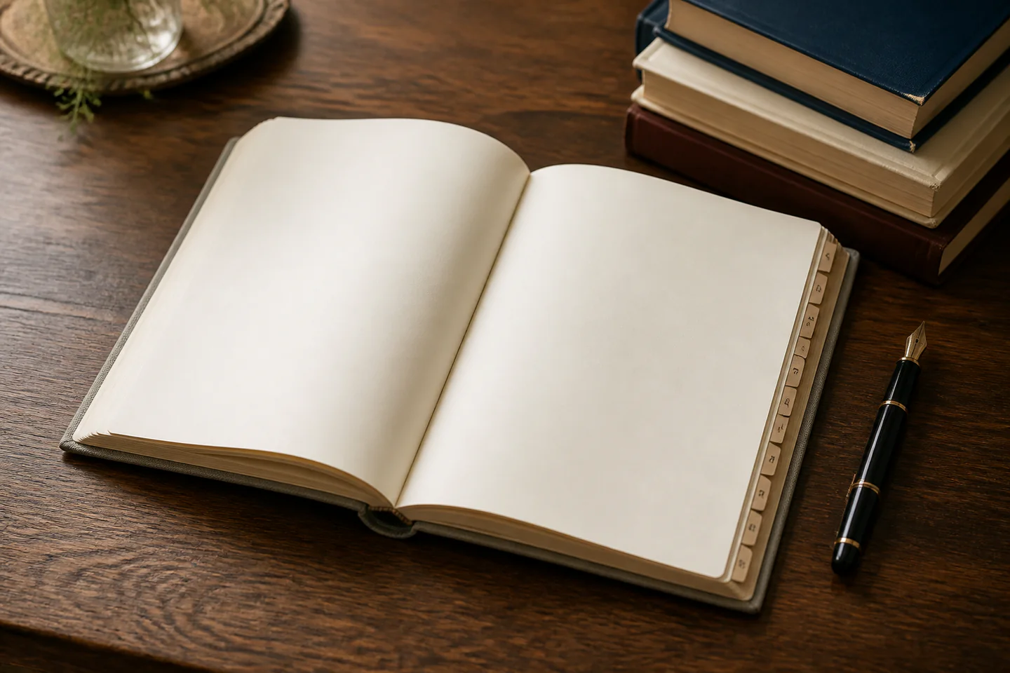 Open blank clothbound notebook with index tabs, fountain pen and a small stack of reference books on a warm wooden desk