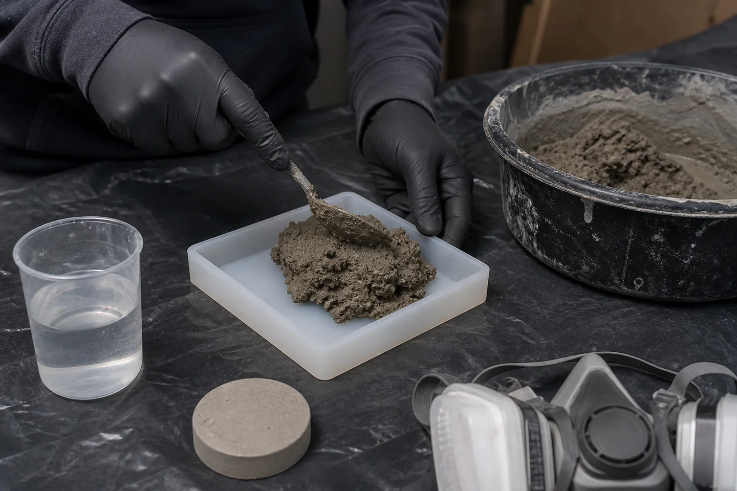 Gloved hands filling a small silicone mould with grey cement mix beside a digital scale and labelled dedicated tools