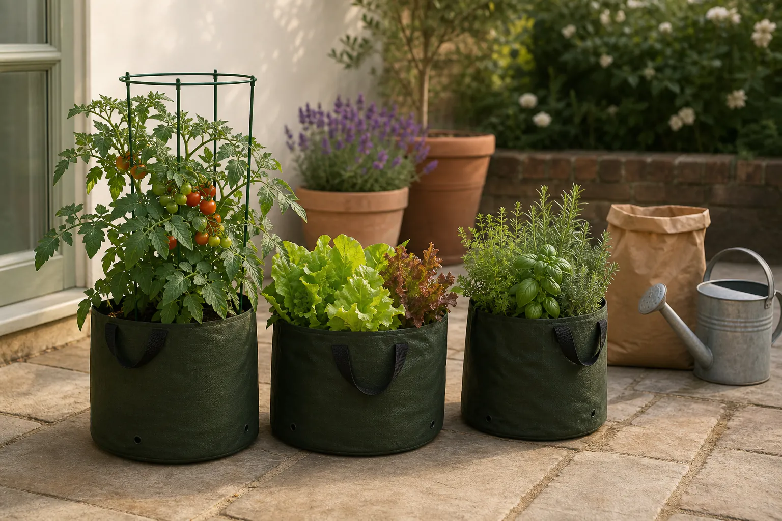 Large grow bags with healthy tomatoes, salad leaves and herbs on a compact sunny patio beside a watering can with no text