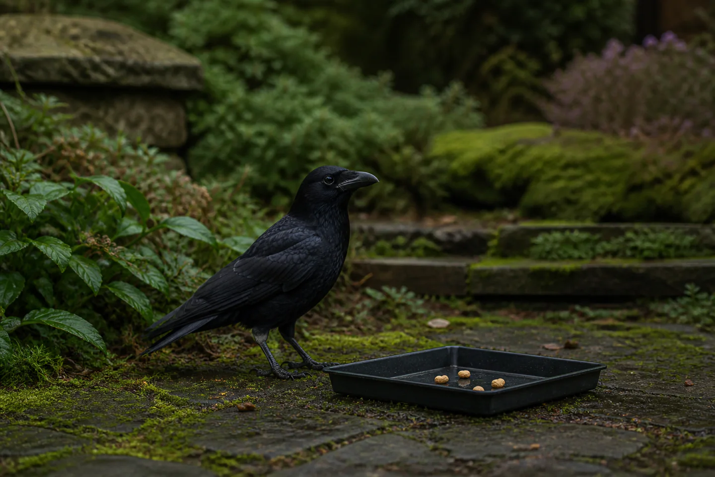 A clean low bird-feeding tray with a few unsalted peanuts and a glossy black crow standing nearby in a quiet British garden, no people, text or logos