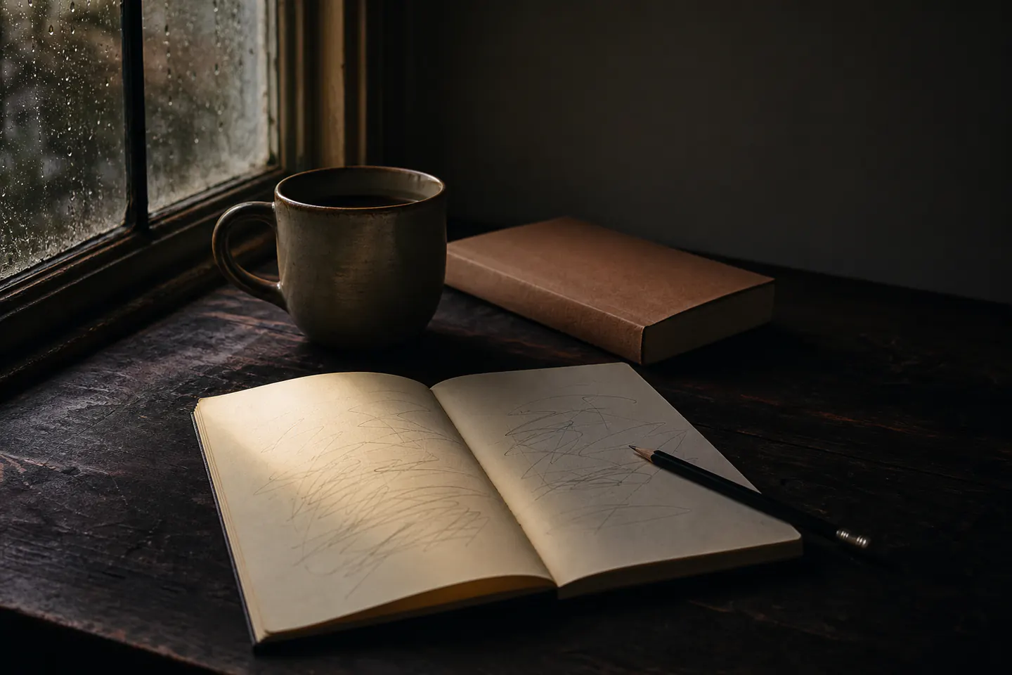 An open blank notebook and pencil beside a rainy window, plain mug and closed unbranded book