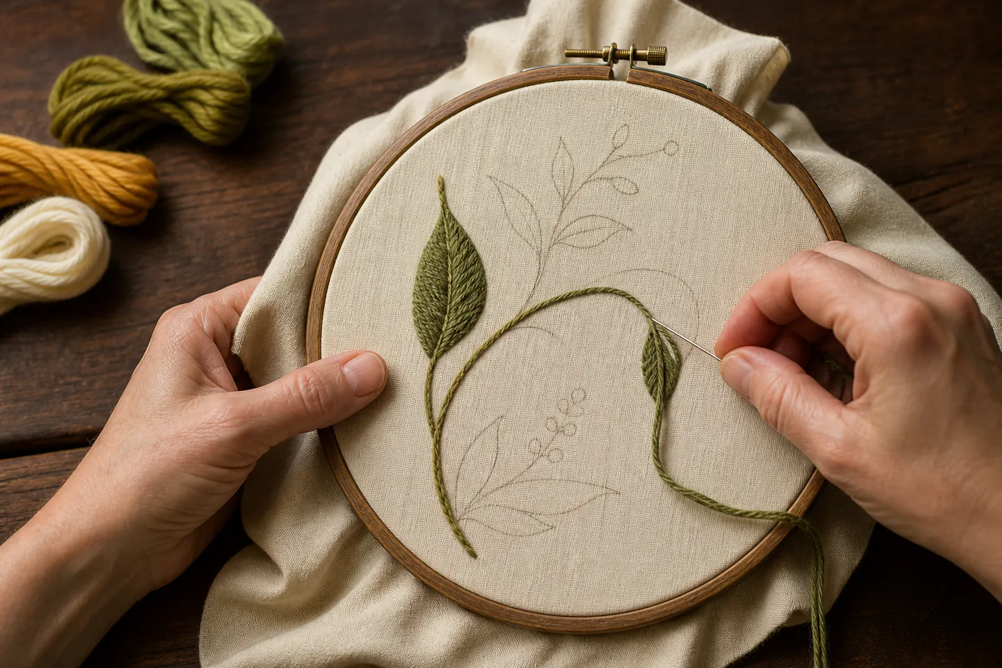 Hands working a botanical crewel embroidery motif with softly twisted wool threads on tightly stretched linen twill