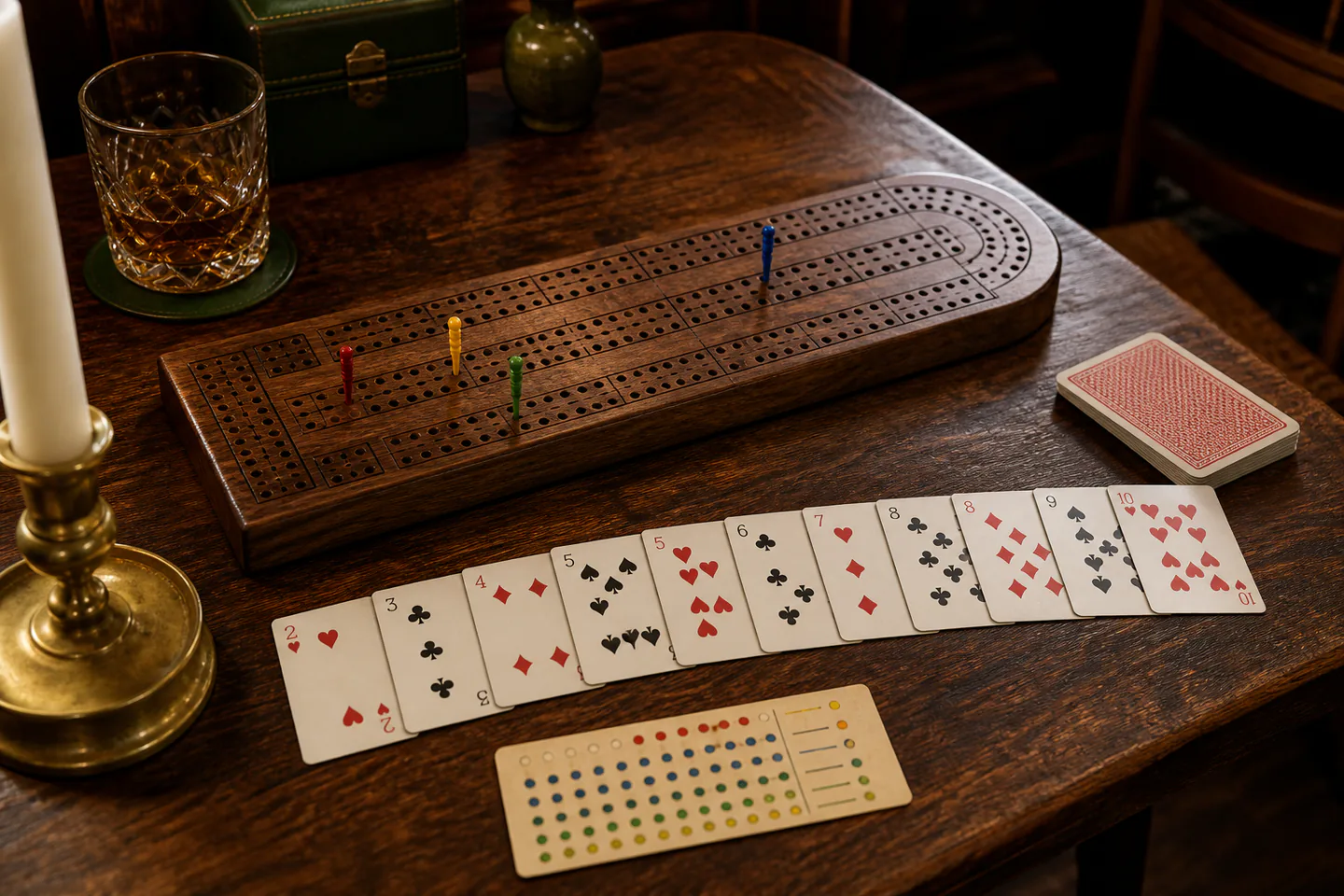 Wooden cribbage board with pegs beside a standard deck, four-card layout and written scoring reference on a table
