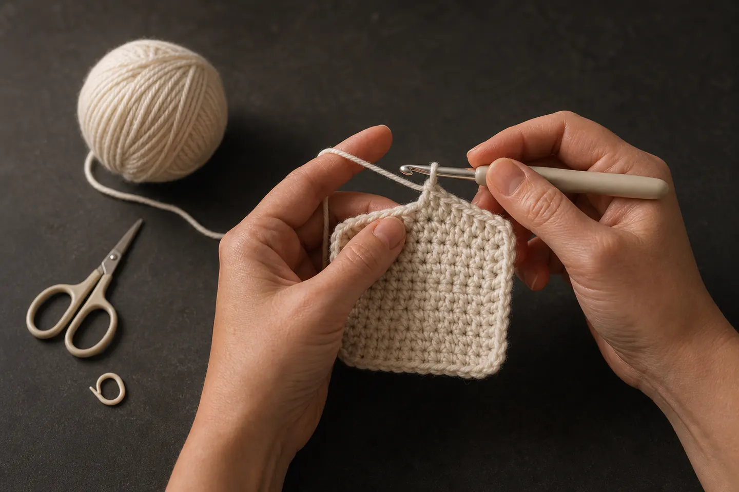 Hands using one crochet hook and cream yarn to add a stitch to a small square on a dark work surface