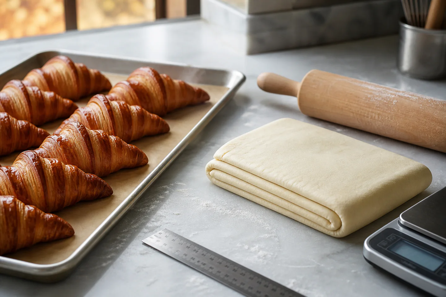 Unbaked laminated croissants on a tray beside a rolling pin, pastry mat, dough scraper and chilled butter block
