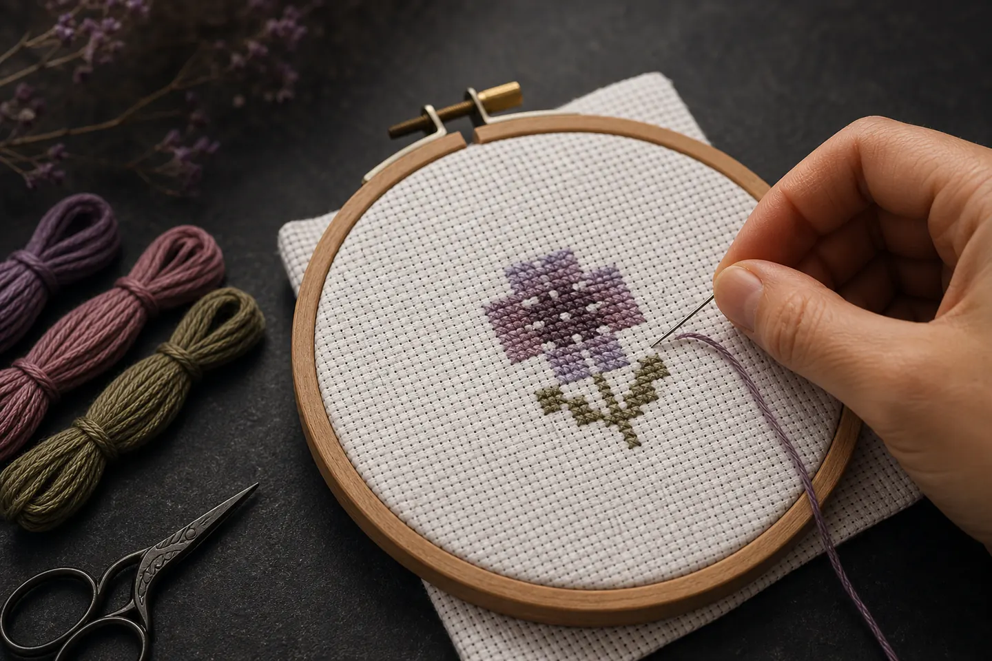 Hand guiding a blunt needle through white Aida in a wooden hoop beside a small purple flower made from counted X stitches