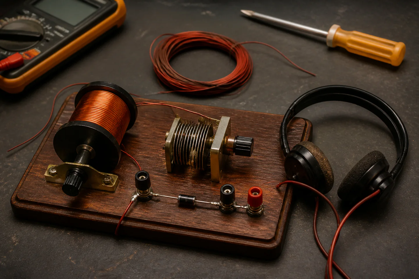 Passive crystal radio with copper coil, tuning capacitor, detector diode and high-impedance earpiece